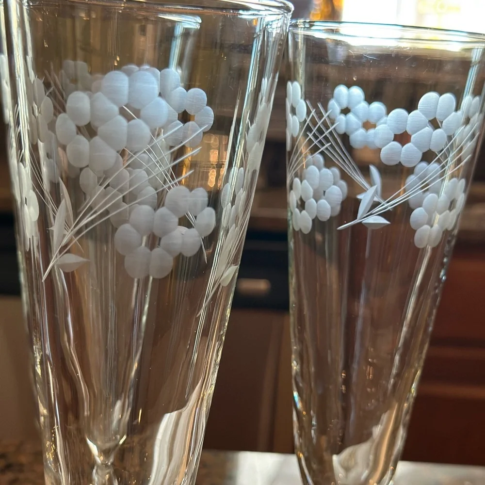 Libbey Glass Co Glenmore Floral Etched Champagne Flutes Hand Blown Glasses